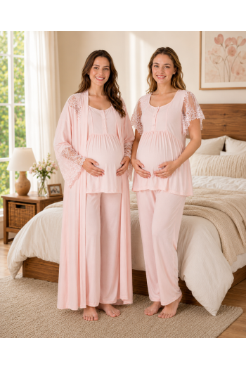 Pudra Dantelli Uzun Kollu Lohusa Hamile Pijama Takımı Sabahlık 33008